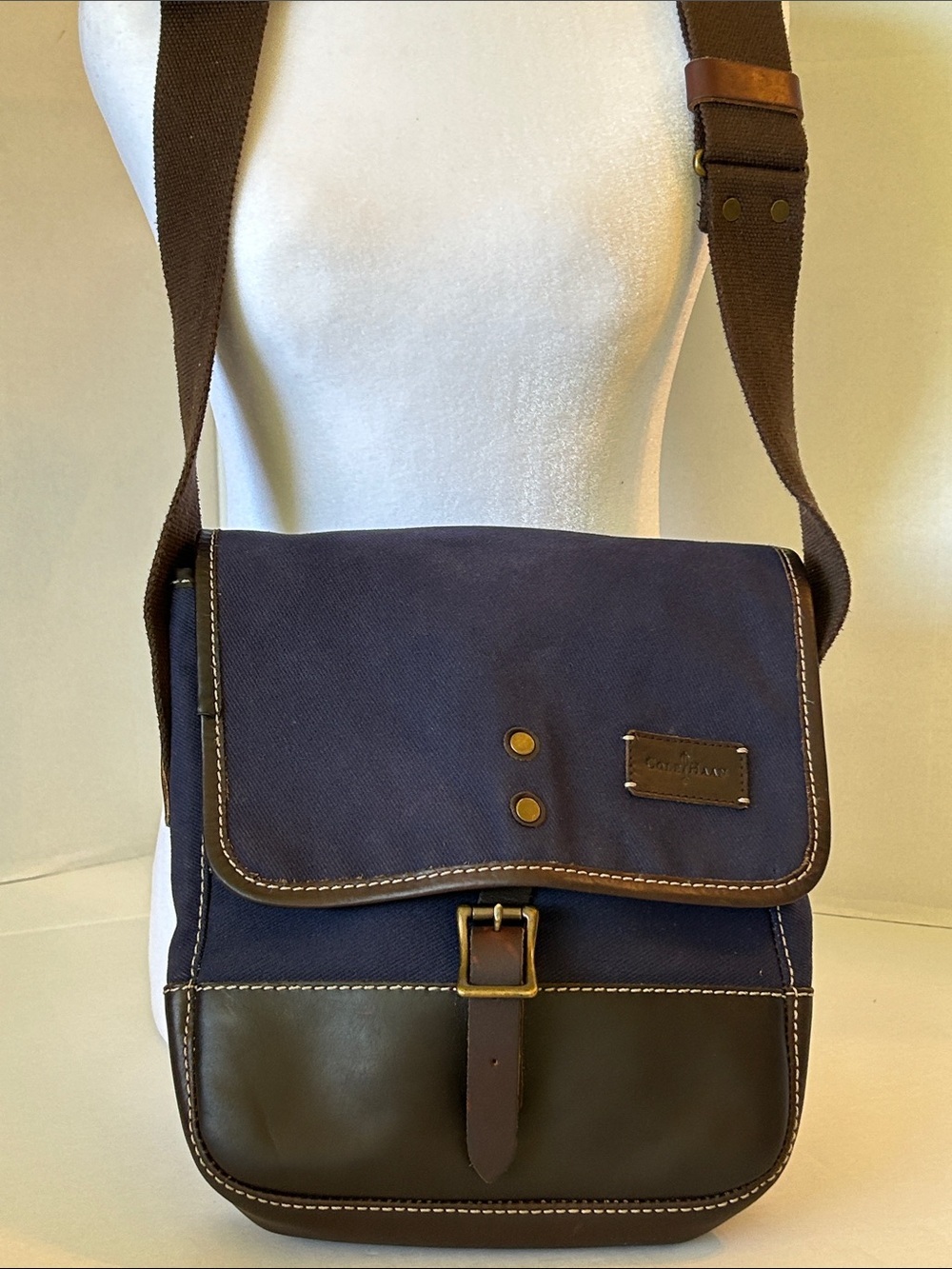 COLE HAAN BLUE CANVAS AND BROWN LEATHER  CARRY SATCHEL /MESSENGER BAG